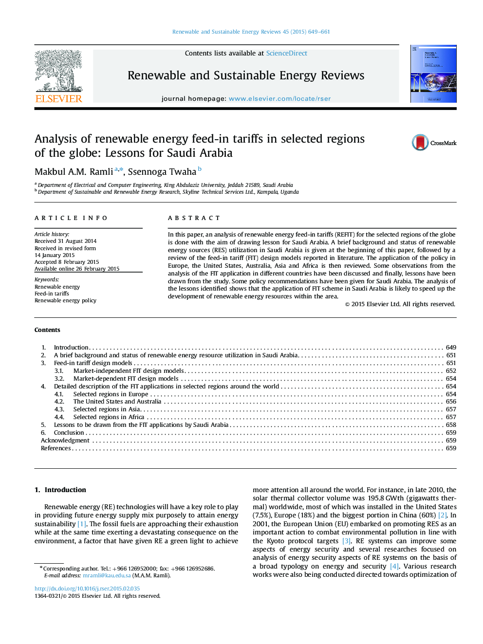 Analysis of renewable energy feed-in tariffs in selected regions of the globe: Lessons for Saudi Arabia