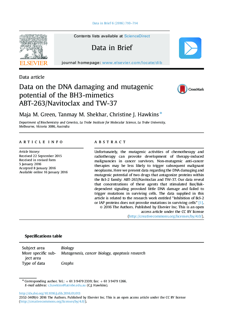 Data on the DNA damaging and mutagenic potential of the BH3-mimetics ABT-263/Navitoclax and TW-37