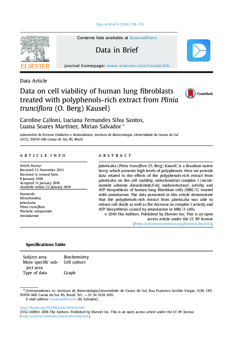 داده های مربوط به پایداری سلولی فیبروبلاست های ریه انسانی تحت درمان با عصاره غنی از پلی فنل از Plinia trunciflora (O. Berg) Kausel)