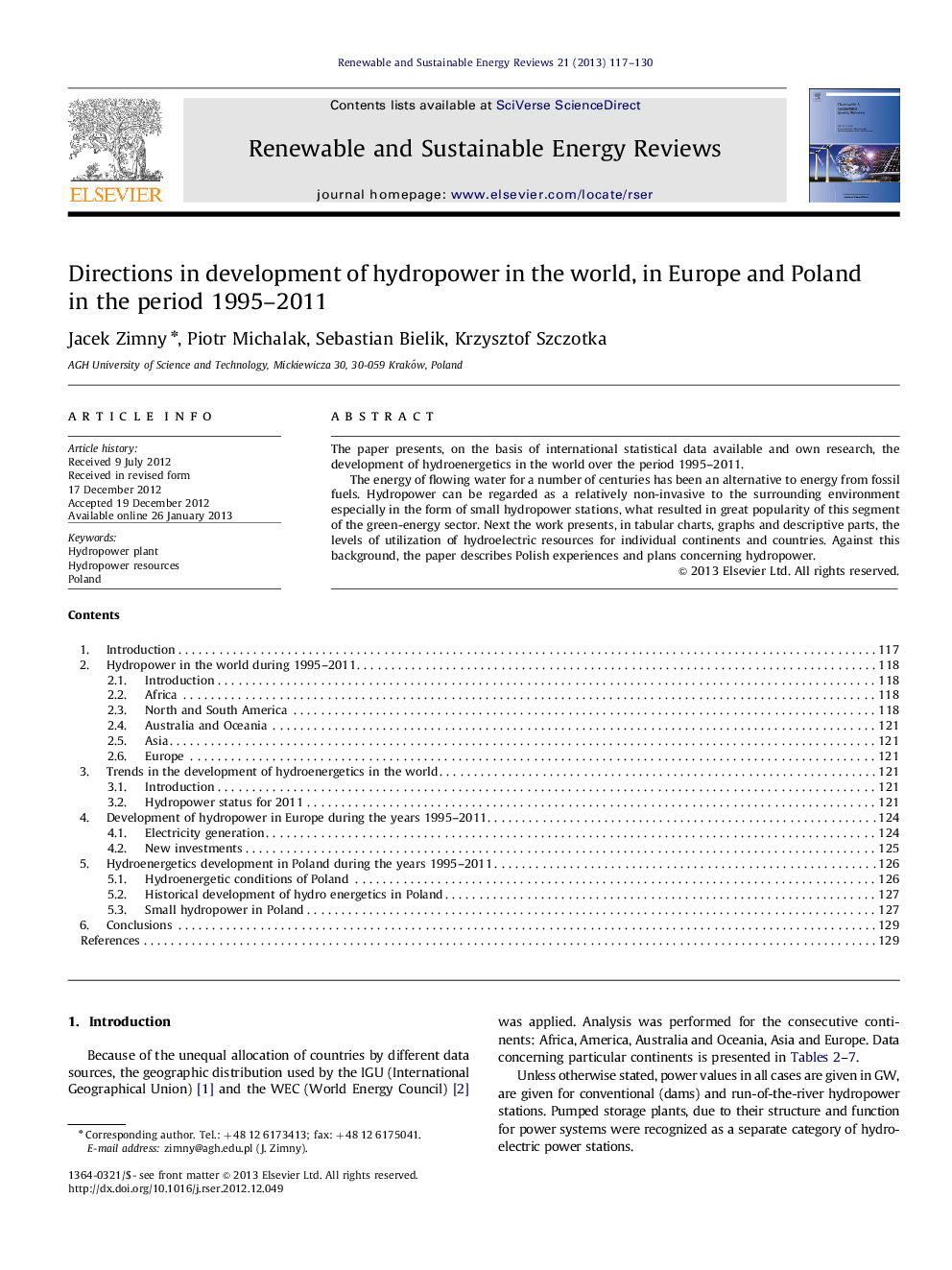 Directions in development of hydropower in the world, in Europe and Poland in the period 1995–2011