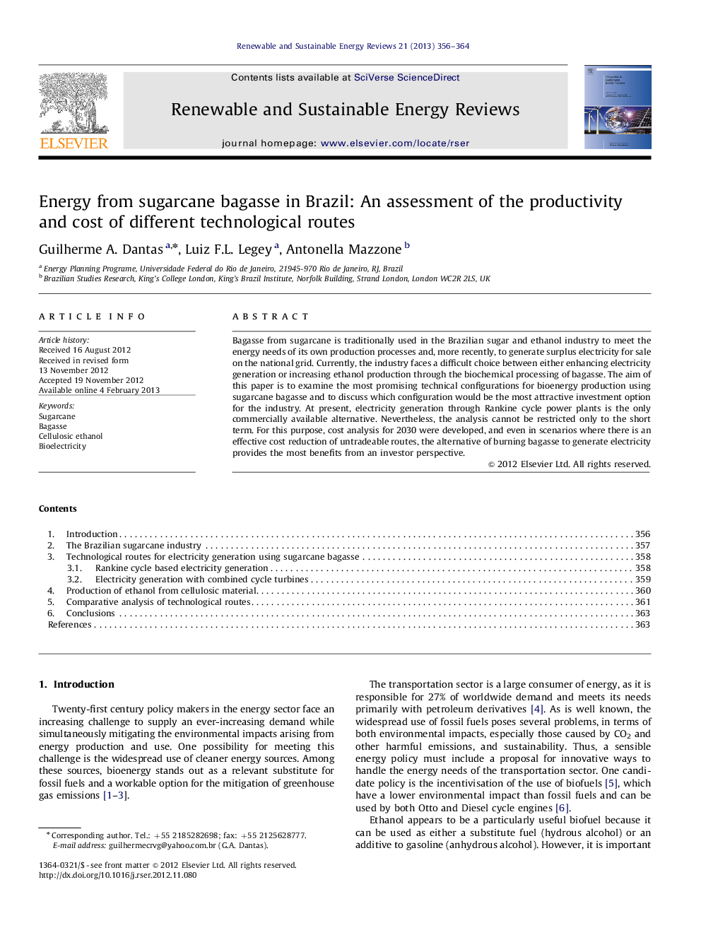 Energy from sugarcane bagasse in Brazil: An assessment of the productivity and cost of different technological routes