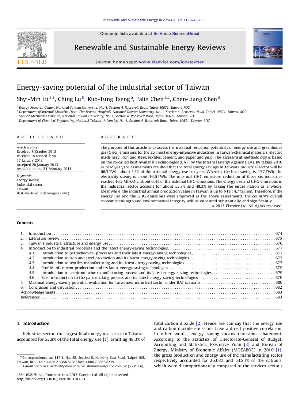 Energy-saving potential of the industrial sector of Taiwan