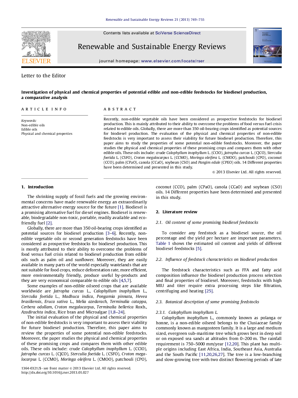 Investigation of physical and chemical properties of potential edible and non-edible feedstocks for biodiesel production, a comparative analysis