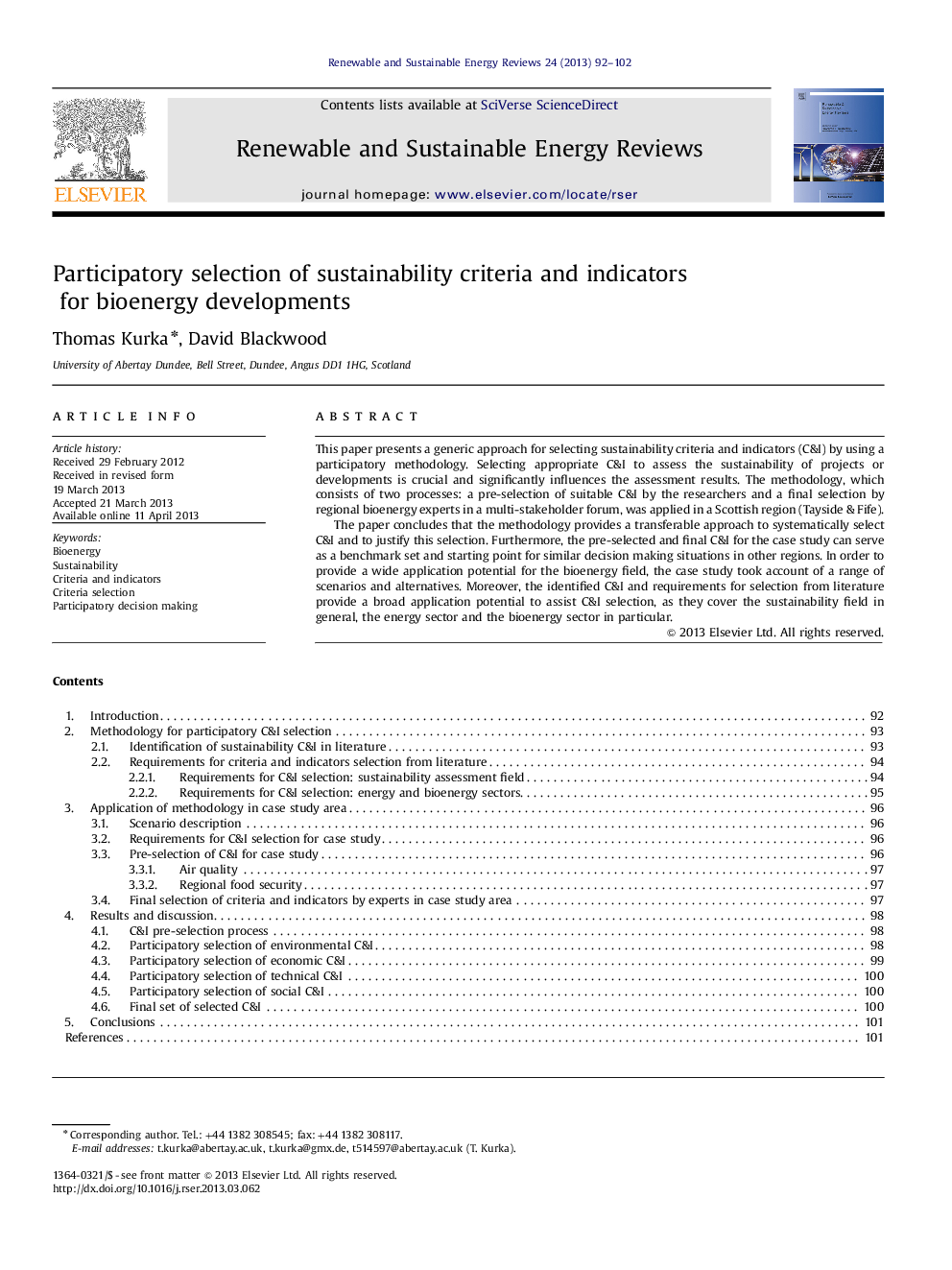 عکس صفحه اول مقاله: Participatory selection of sustainability criteria and indicators for bioenergy developments Participatory selection of sustainability criteria and indicators for bioenergy developments
