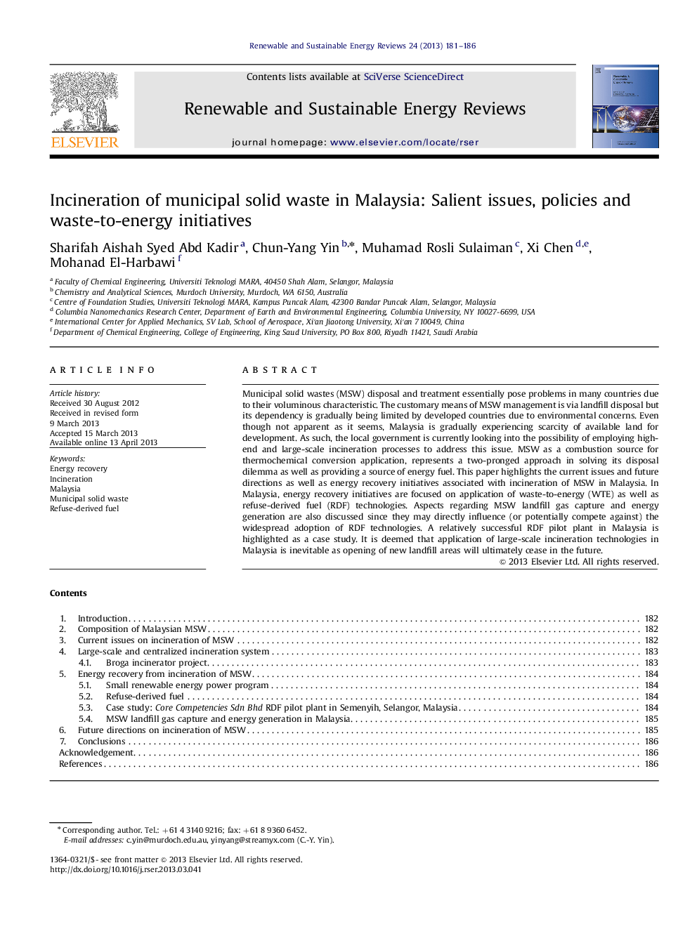 Incineration of municipal solid waste in Malaysia: Salient issues, policies and waste-to-energy initiatives