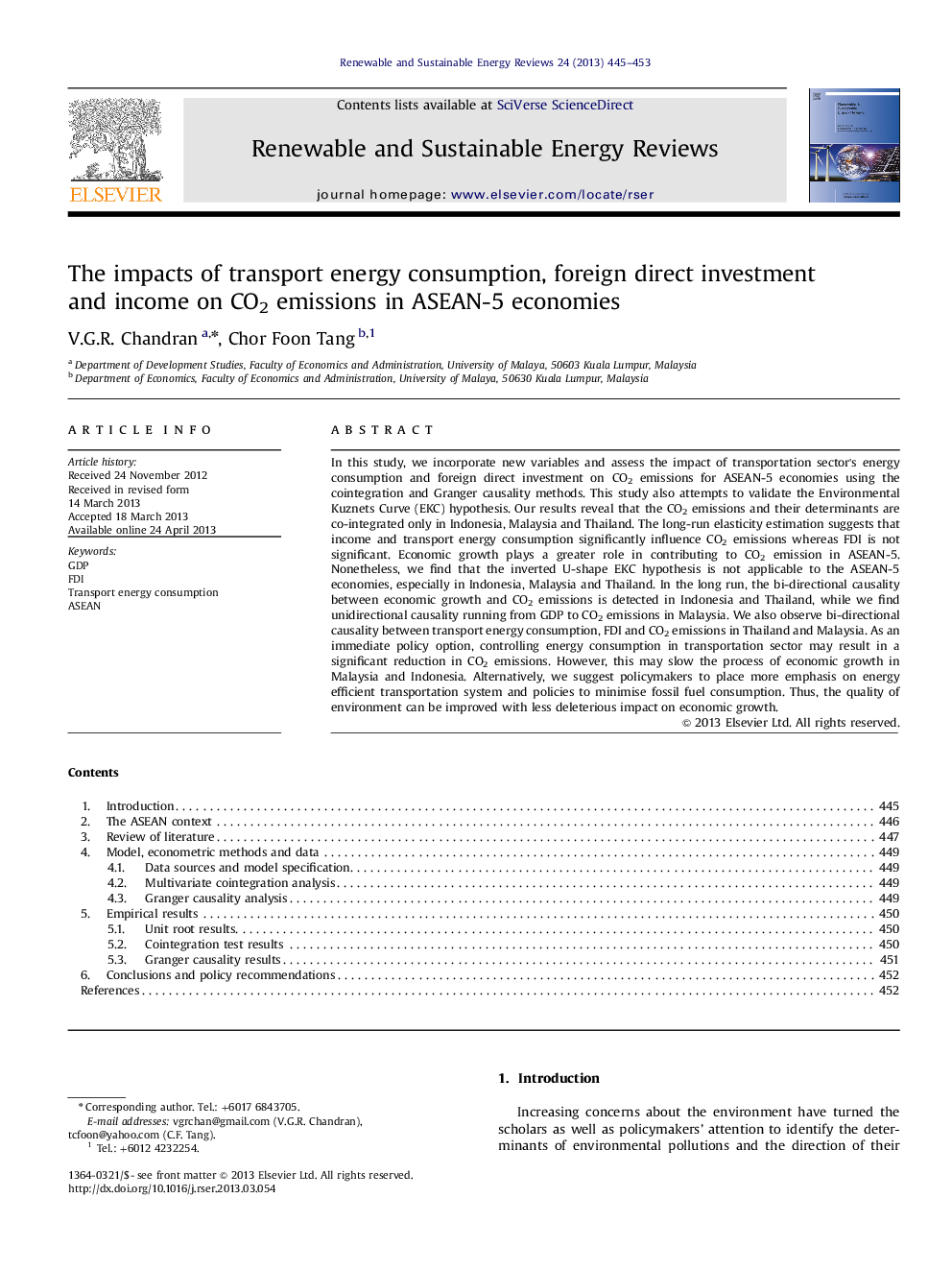 عکس صفحه اول مقاله: The impacts of transport energy consumption, foreign direct investment and income on CO2 emissions in ASEAN-5 economies The impacts of transport energy consumption, foreign direct investment and income on CO2 emissions in ASEAN-5 economies