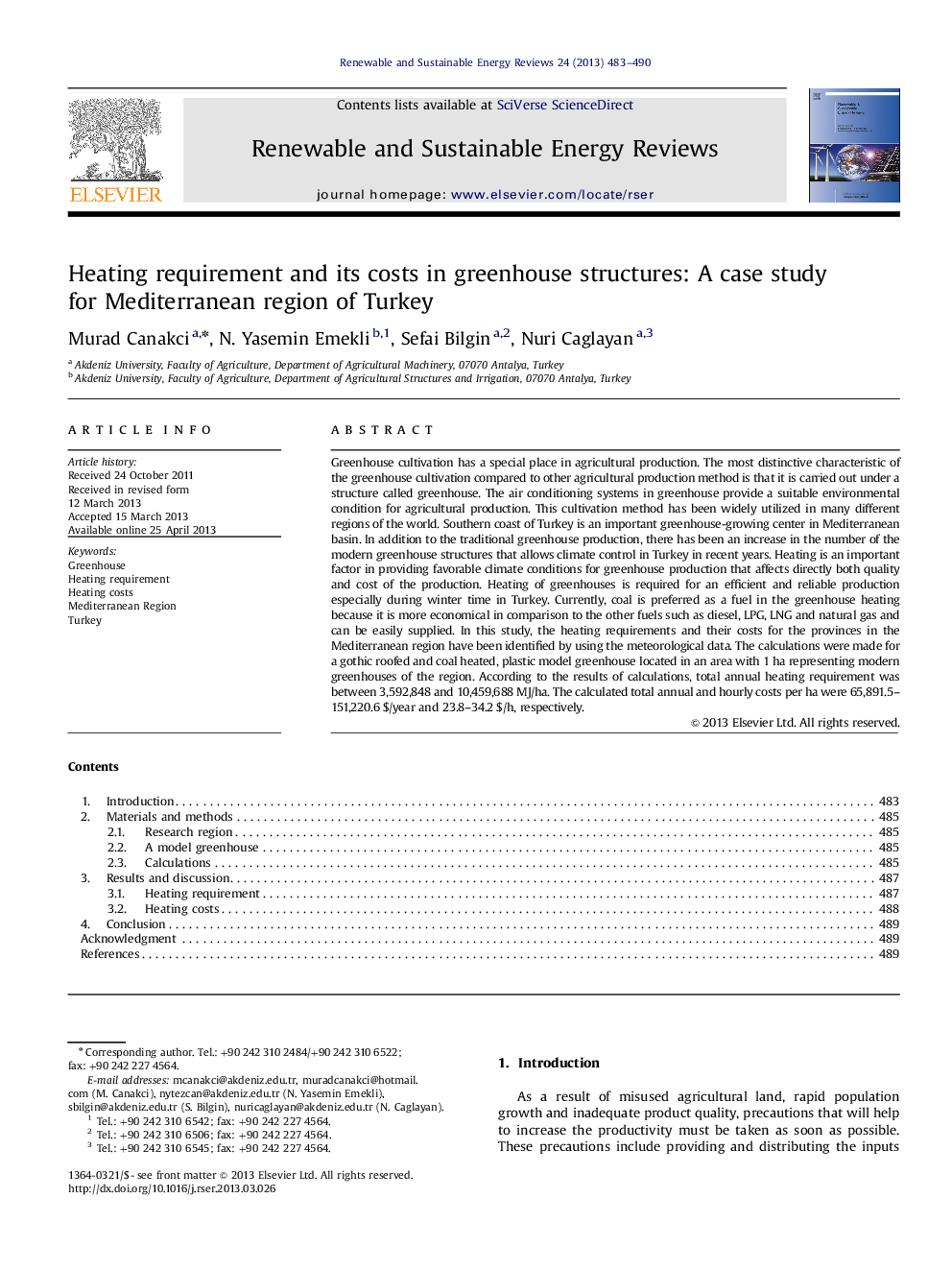 Heating requirement and its costs in greenhouse structures: A case study for Mediterranean region of Turkey