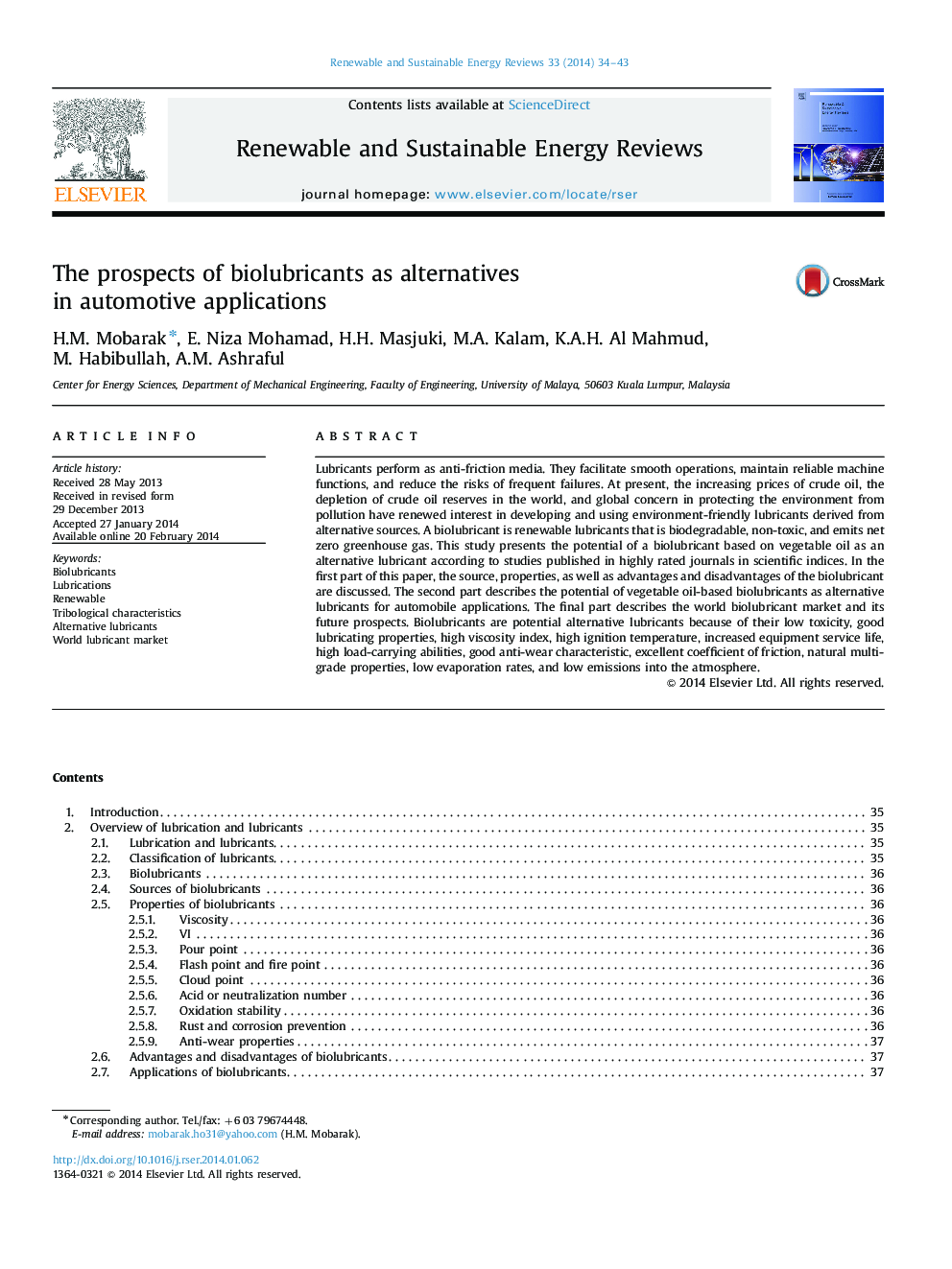 The prospects of biolubricants as alternatives in automotive applications