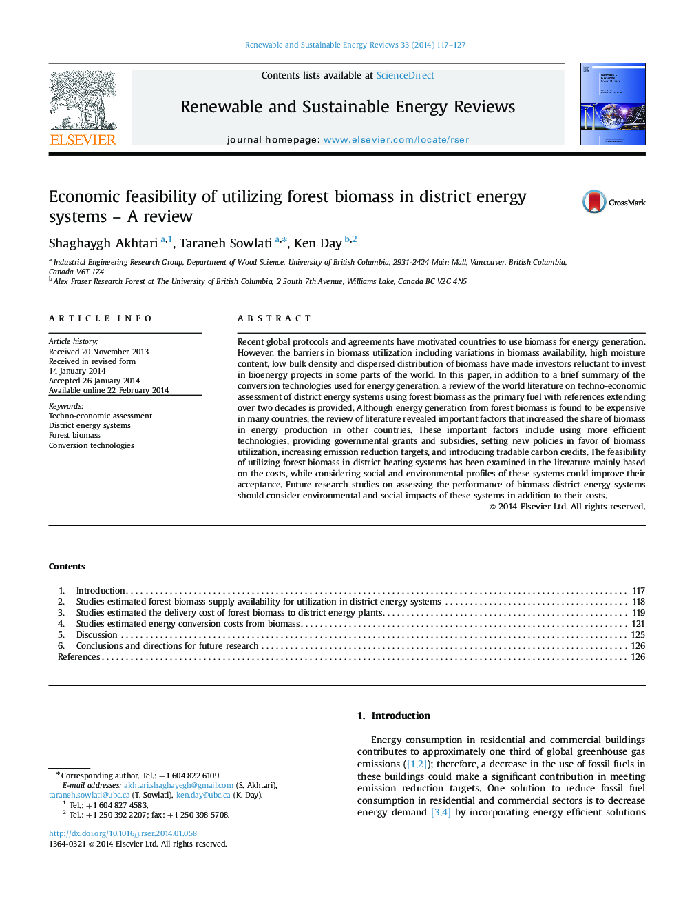 Economic feasibility of utilizing forest biomass in district energy systems – A review