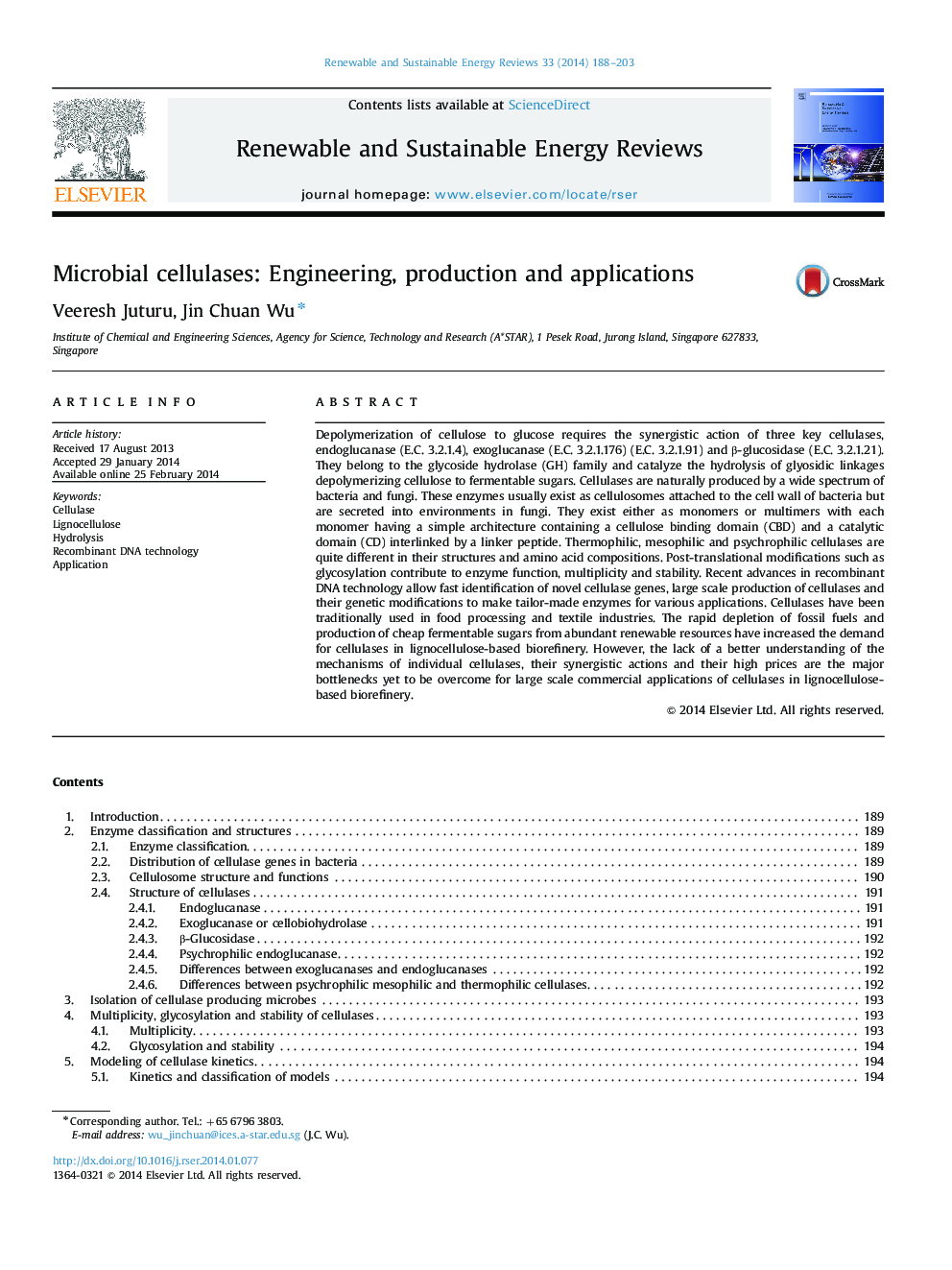 Microbial cellulases: Engineering, production and applications