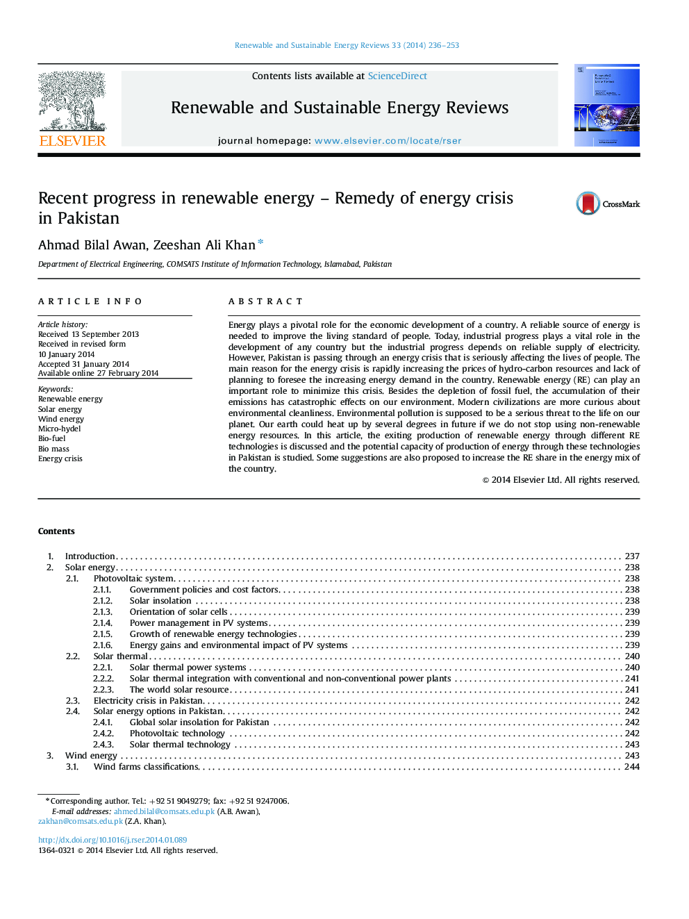 Recent progress in renewable energy – Remedy of energy crisis in Pakistan