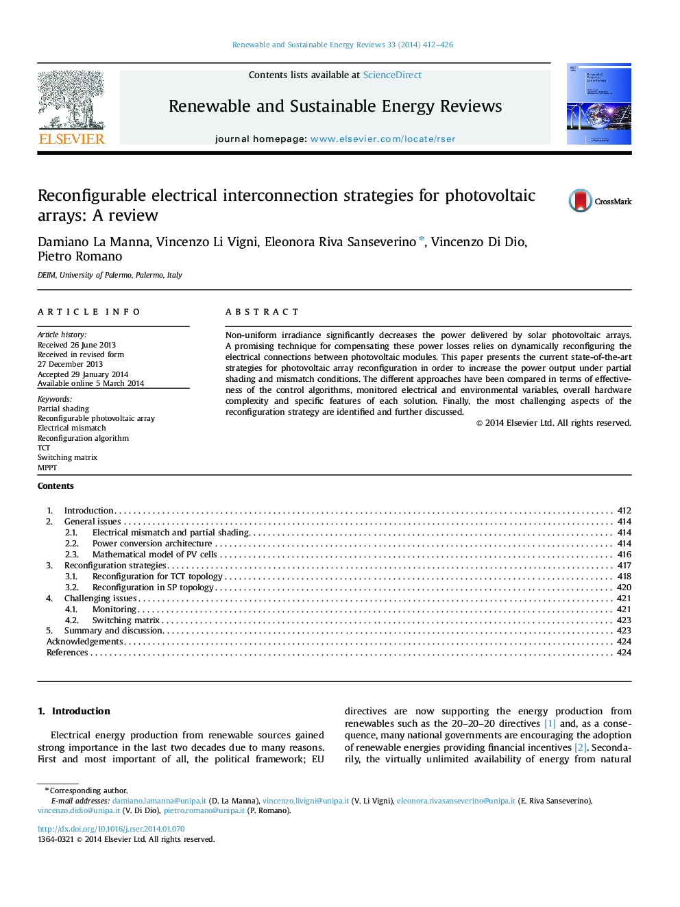 Reconfigurable electrical interconnection strategies for photovoltaic arrays: A review