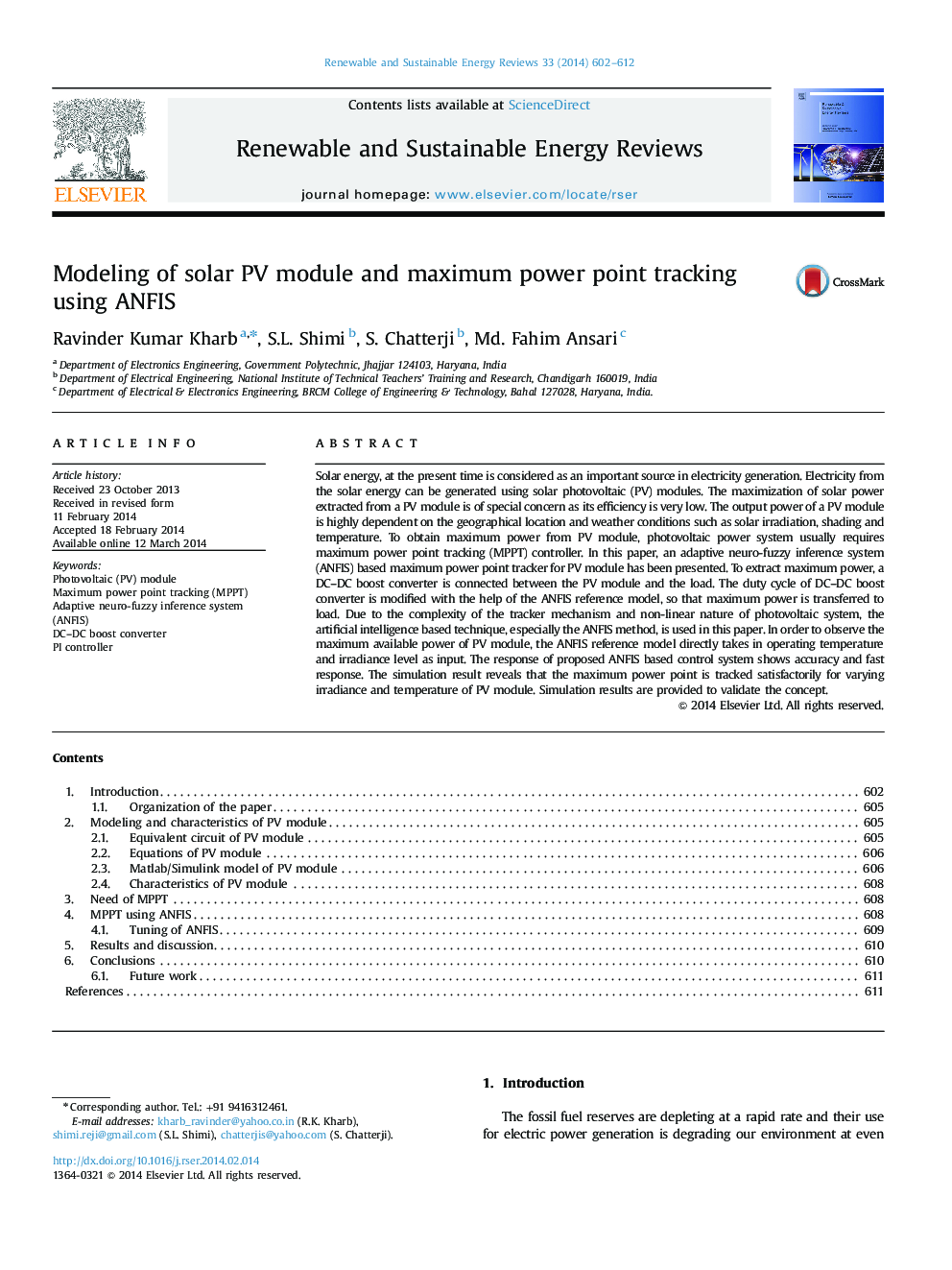 Modeling of solar PV module and maximum power point tracking using ANFIS