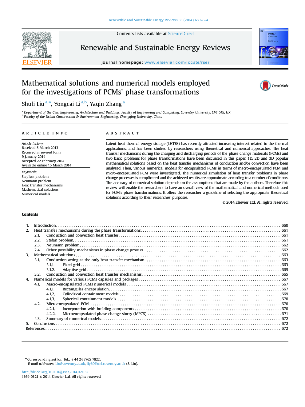 Mathematical solutions and numerical models employed for the investigations of PCMs׳ phase transformations