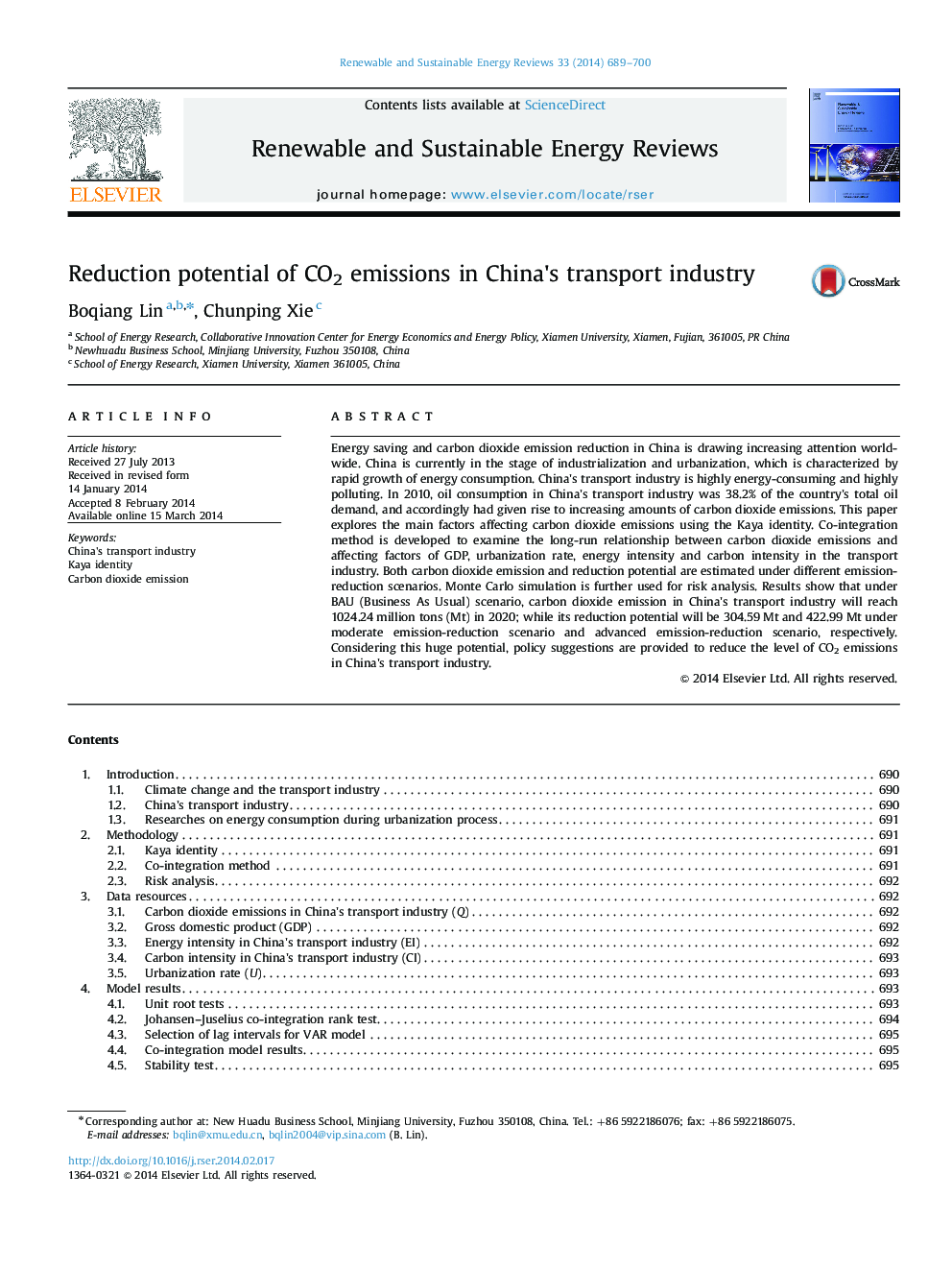 Reduction potential of CO2 emissions in China׳s transport industry