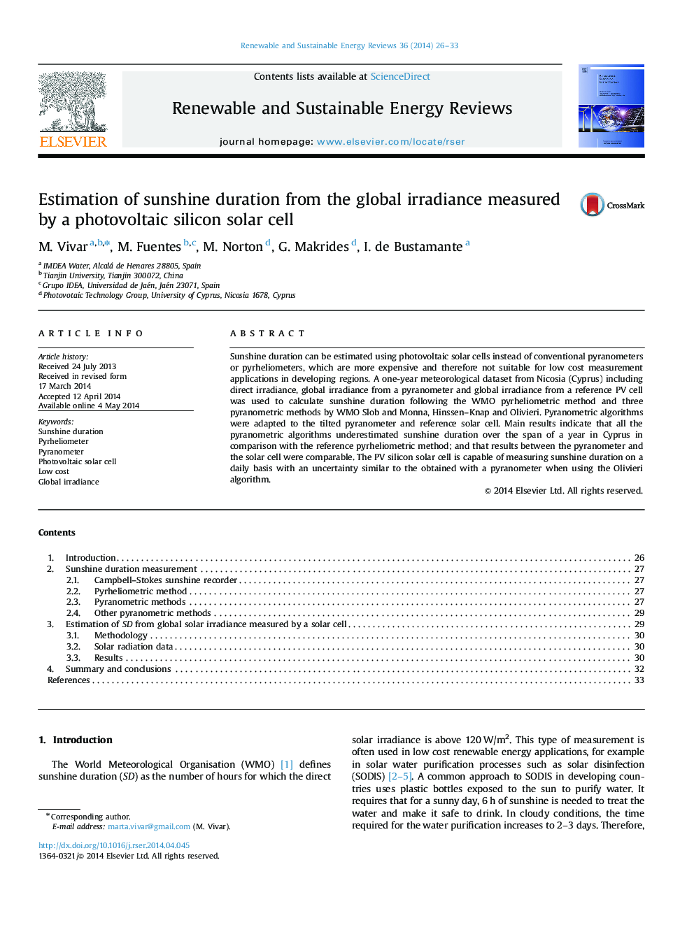 Estimation of sunshine duration from the global irradiance measured by a photovoltaic silicon solar cell