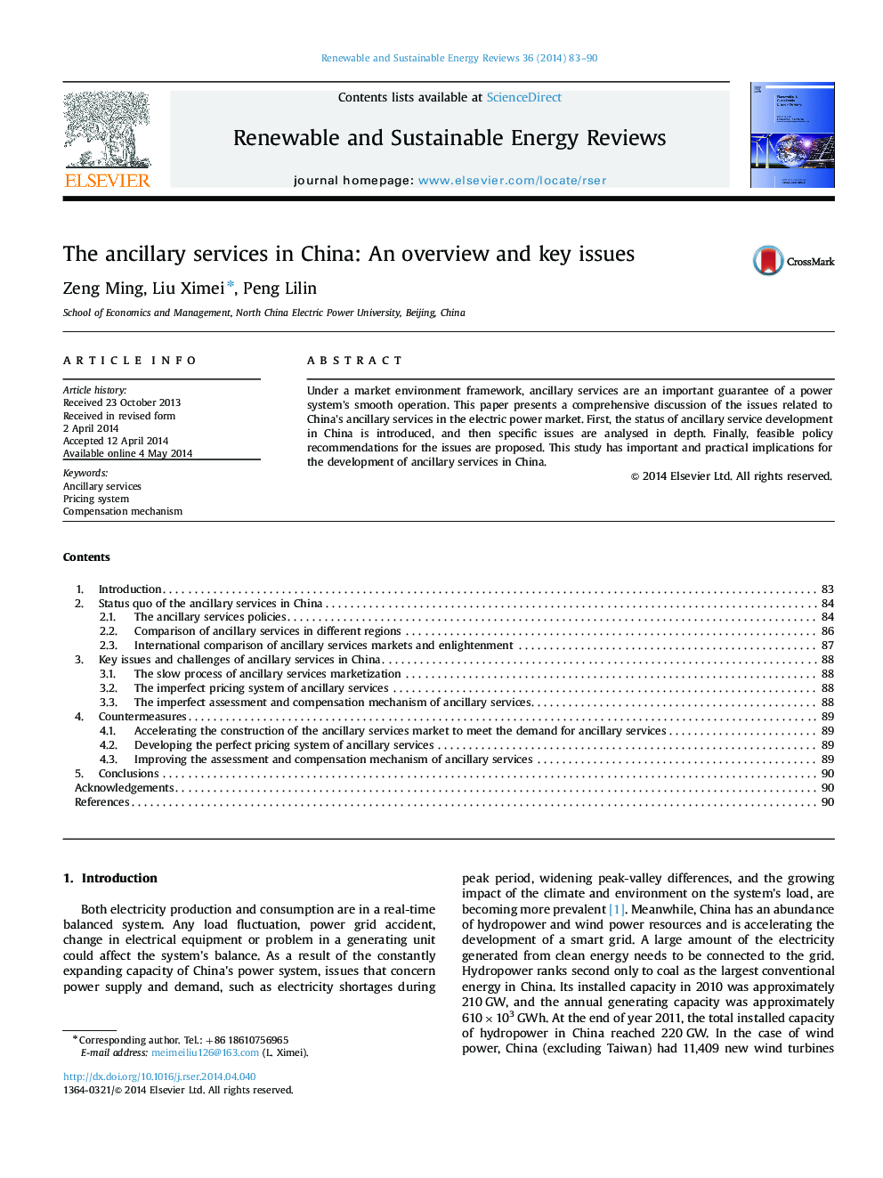 The ancillary services in China: An overview and key issues