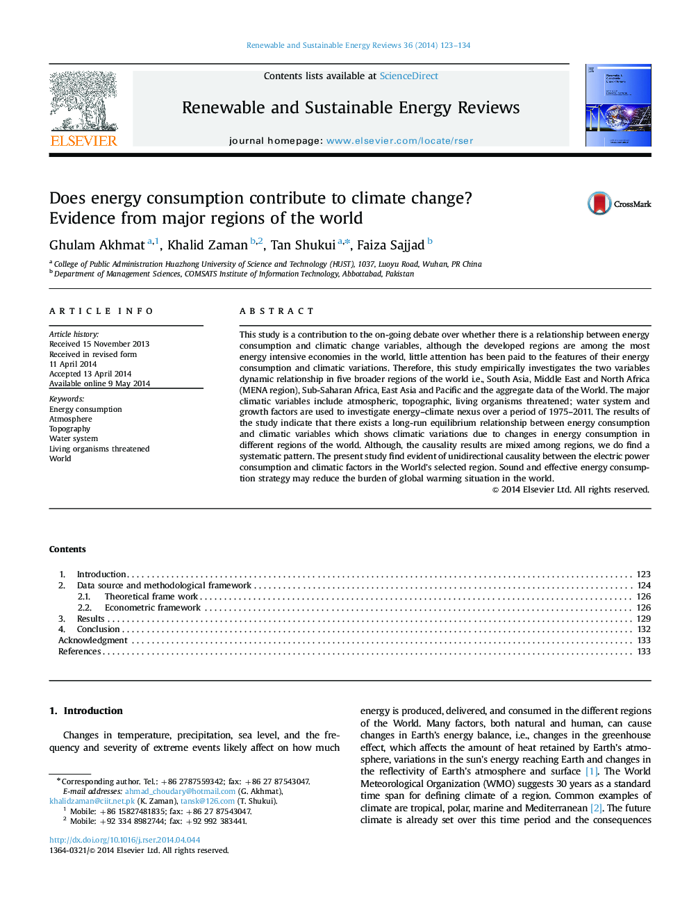 Does energy consumption contribute to climate change? Evidence from major regions of the world