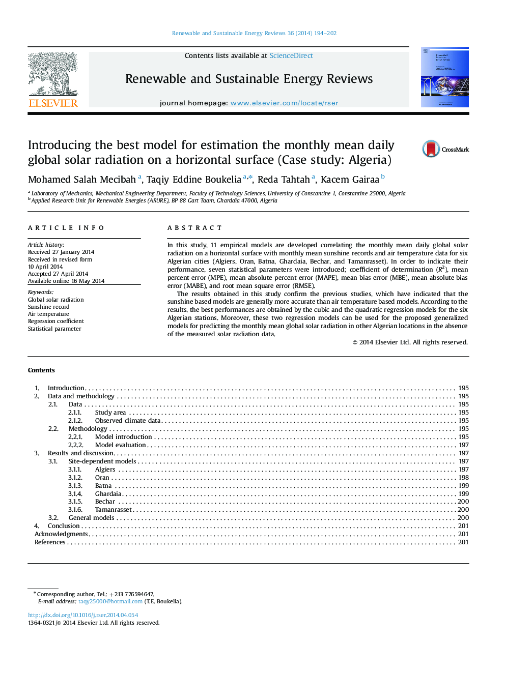 Introducing the best model for estimation the monthly mean daily global solar radiation on a horizontal surface (Case study: Algeria)