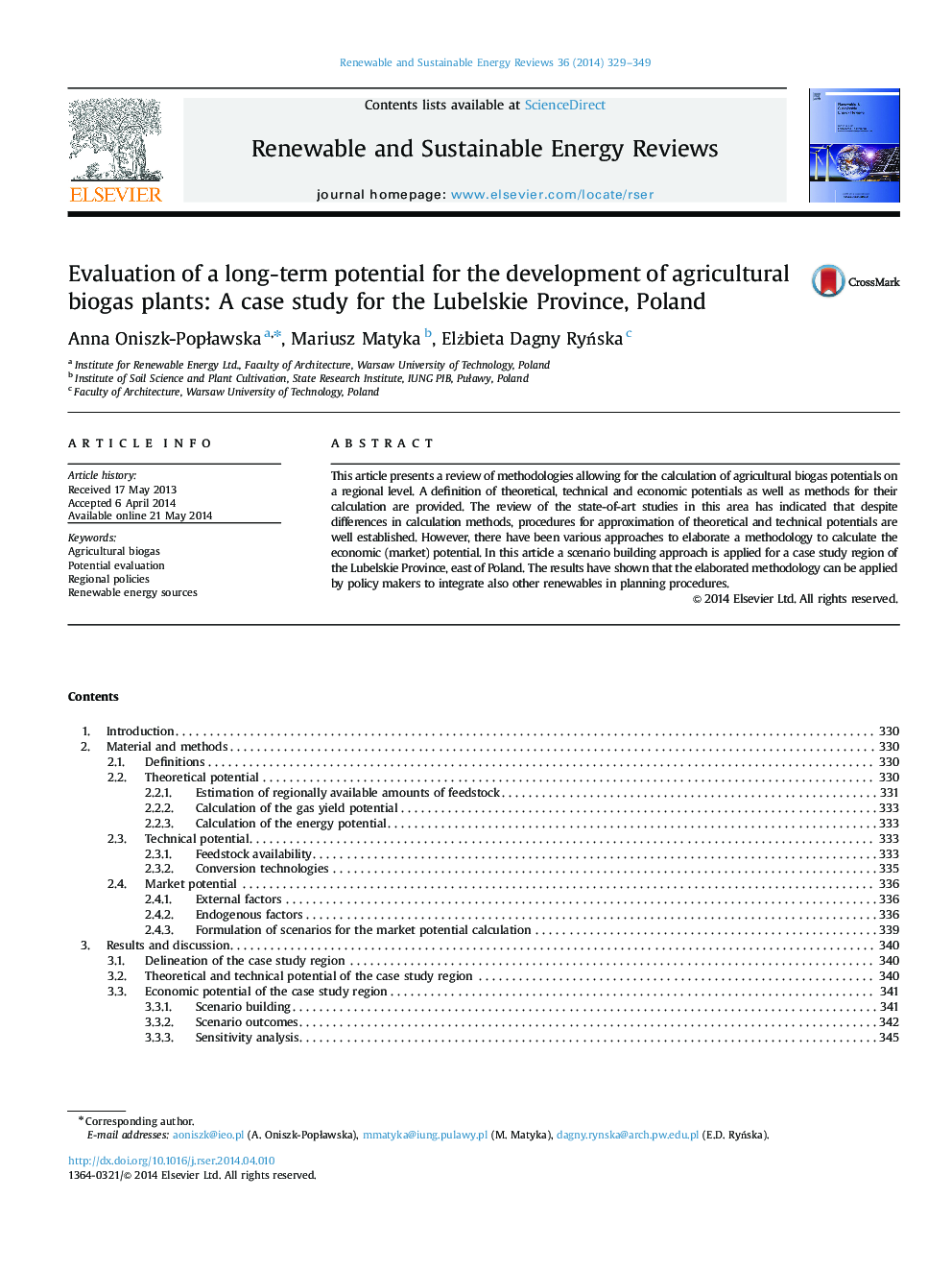 Evaluation of a long-term potential for the development of agricultural biogas plants: A case study for the Lubelskie Province, Poland