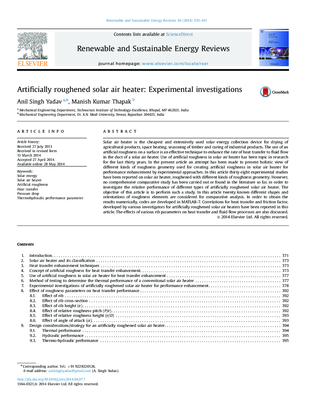 Artificially roughened solar air heater: Experimental investigations