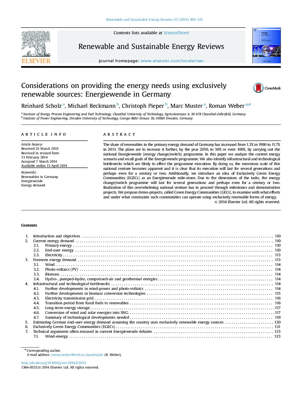 Considerations on providing the energy needs using exclusively renewable sources: Energiewende in Germany