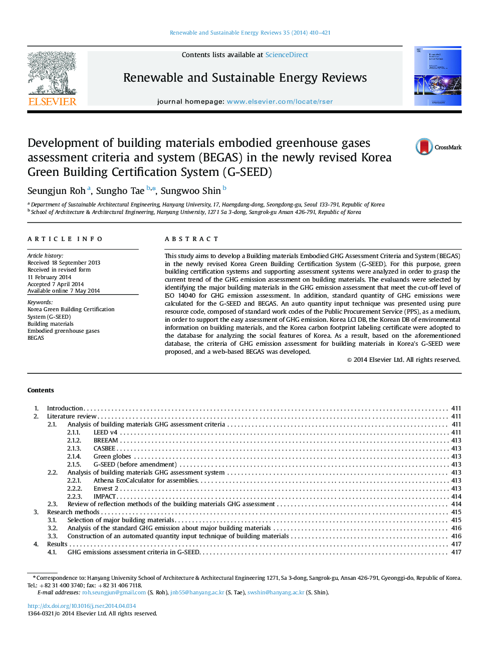 عکس صفحه اول مقاله: Development of building materials embodied greenhouse gases assessment criteria and system (BEGAS) in the newly revised Korea Green Building Certification System (G-SEED) Development of building materials embodied greenhouse gases assessment criteria and system (BEGAS) in the newly revised Korea Green Building Certification System (G-SEED)