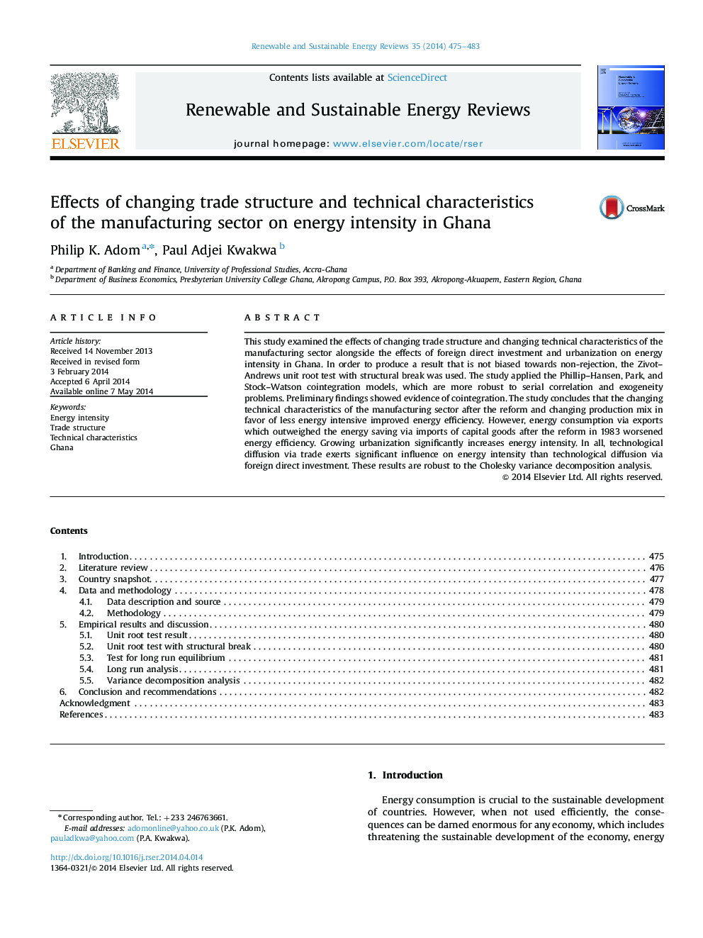 Effects of changing trade structure and technical characteristics of the manufacturing sector on energy intensity in Ghana