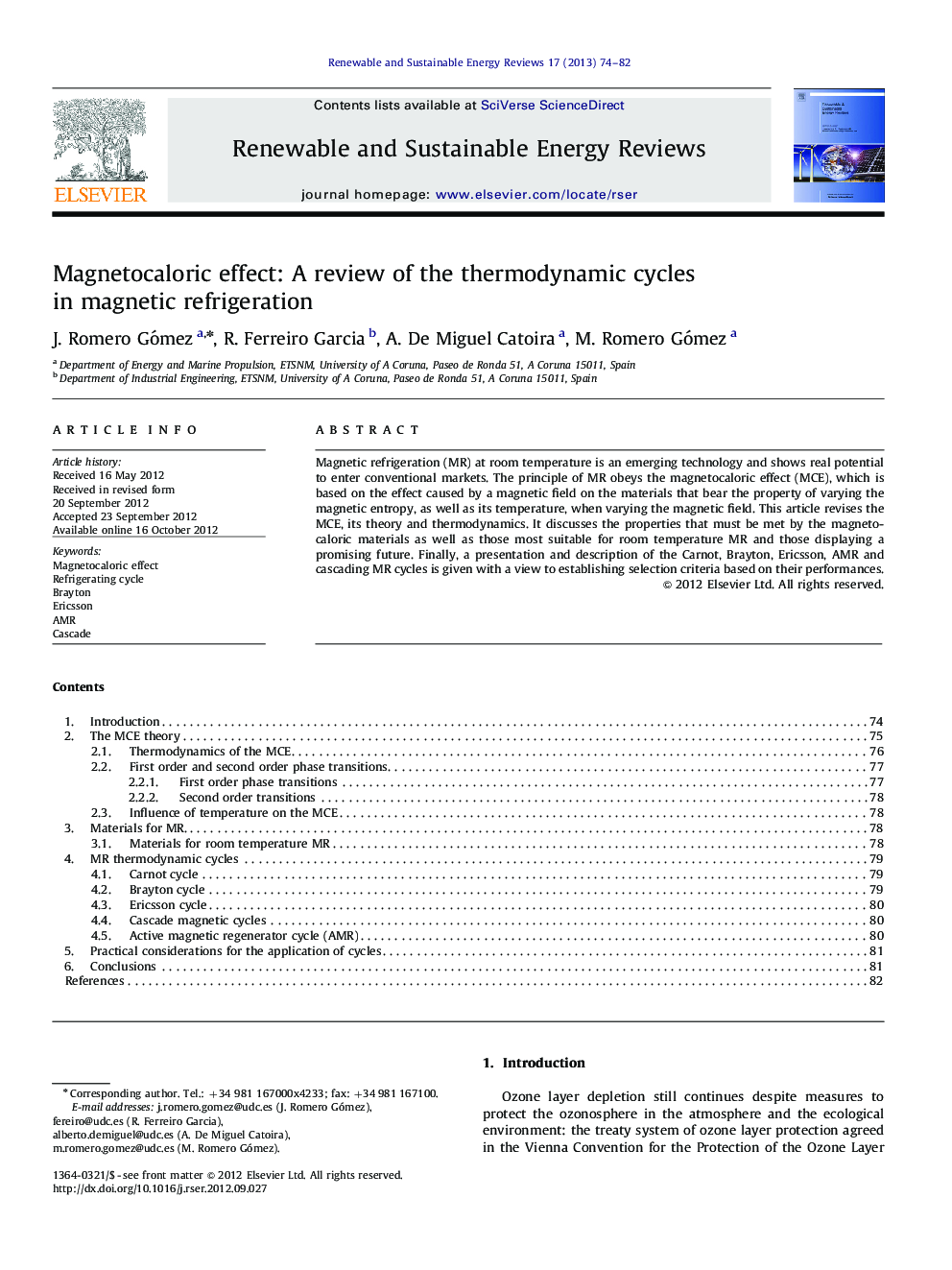 عکس صفحه اول مقاله: Magnetocaloric effect: A review of the thermodynamic cycles in magnetic refrigeration Magnetocaloric effect: A review of the thermodynamic cycles in magnetic refrigeration