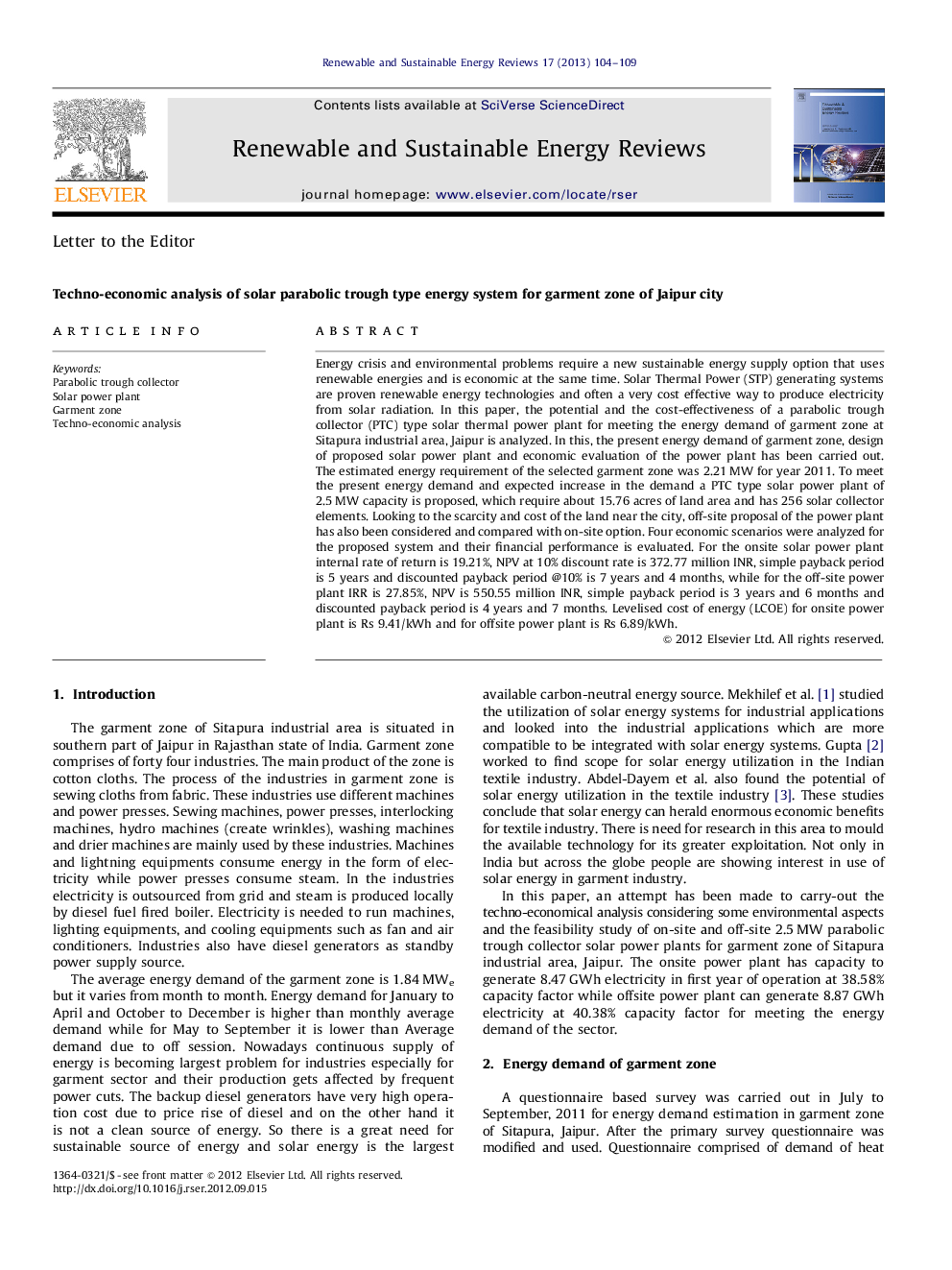 Techno-economic analysis of solar parabolic trough type energy system for garment zone of Jaipur city