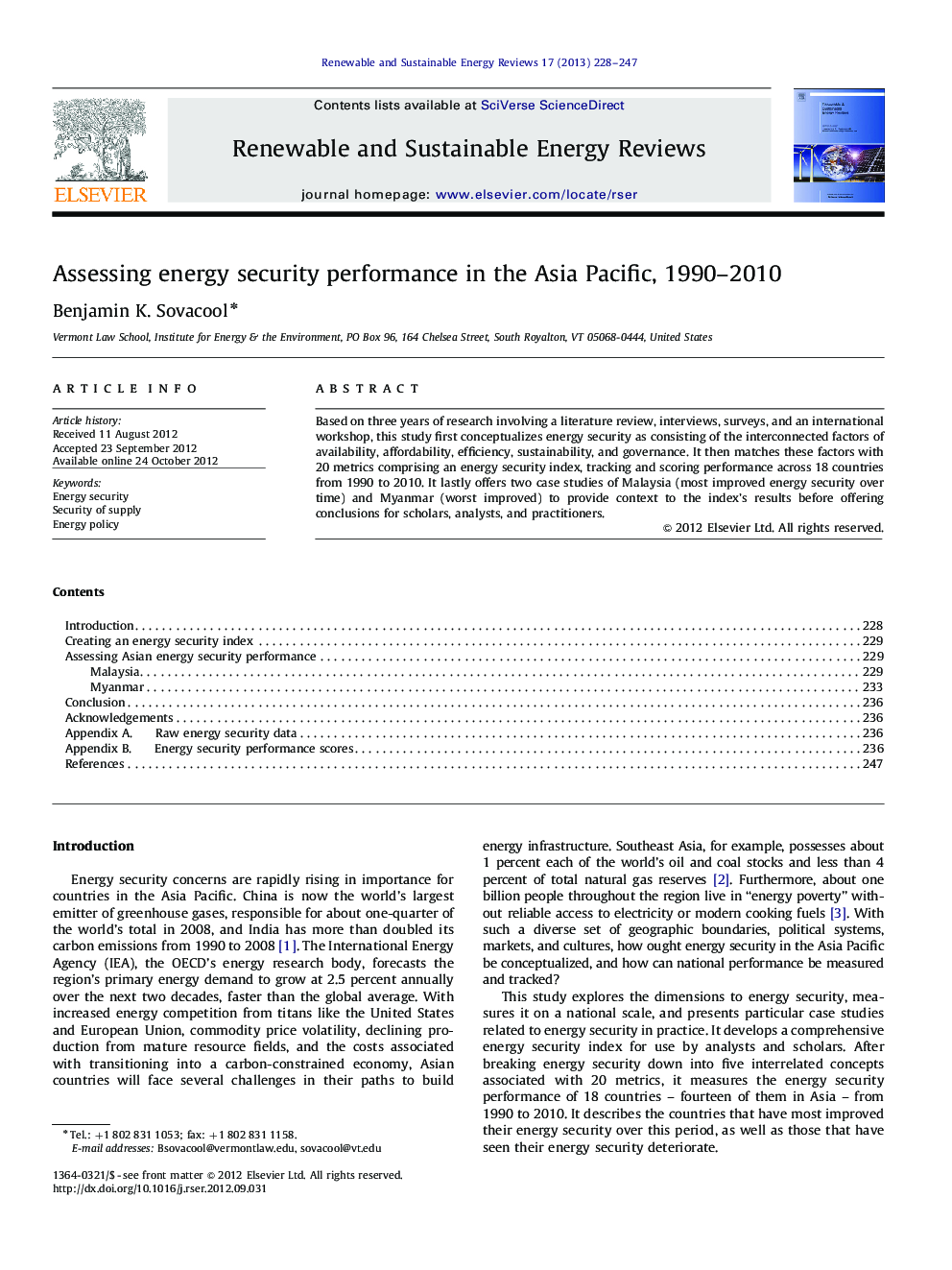 Assessing energy security performance in the Asia Pacific, 1990–2010