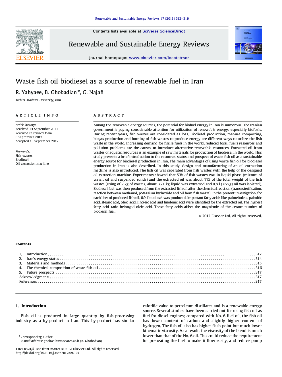 عکس صفحه اول مقاله: Waste fish oil biodiesel as a source of renewable fuel in Iran Waste fish oil biodiesel as a source of renewable fuel in Iran