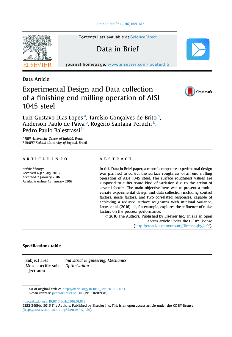 Experimental Design and Data collection of a finishing end milling operation of AISI 1045 steel
