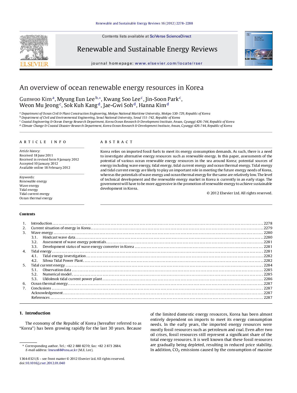 An overview of ocean renewable energy resources in Korea