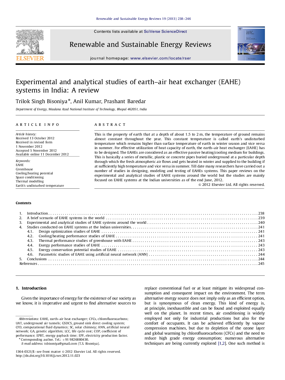 Experimental and analytical studies of earth–air heat exchanger (EAHE) systems in India: A review