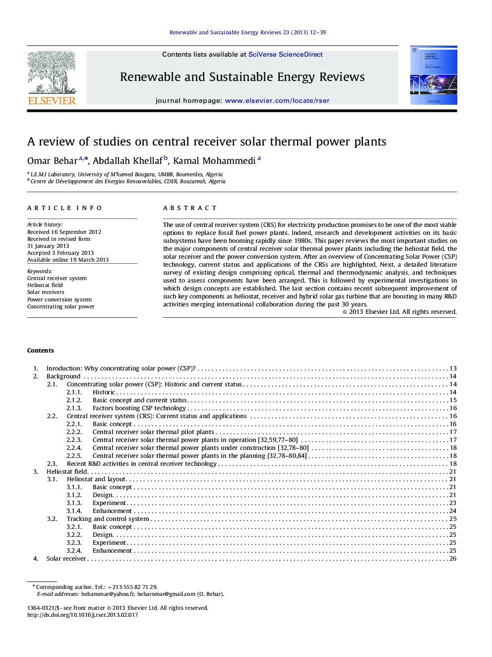 A review of studies on central receiver solar thermal power plants