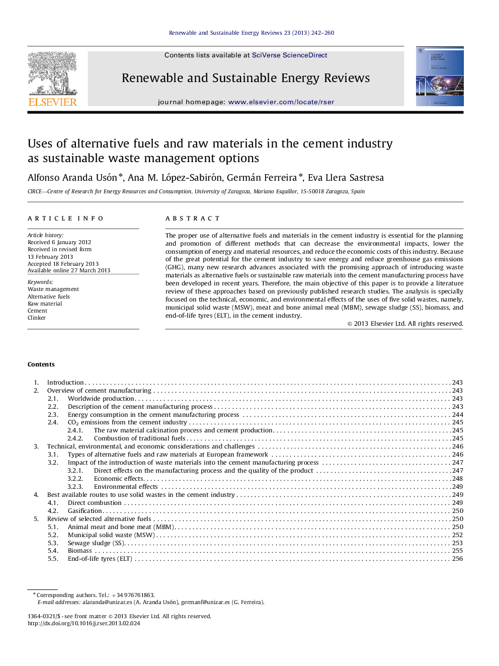 Uses of alternative fuels and raw materials in the cement industry as sustainable waste management options