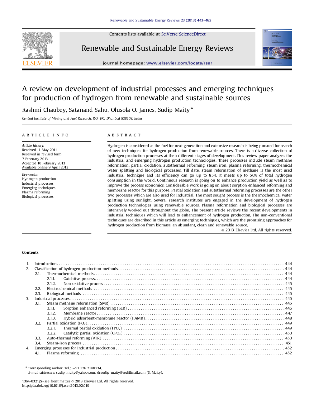 A review on development of industrial processes and emerging techniques for production of hydrogen from renewable and sustainable sources