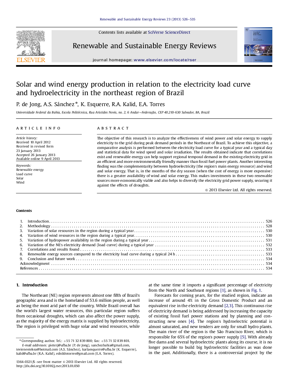 Solar and wind energy production in relation to the electricity load curve and hydroelectricity in the northeast region of Brazil