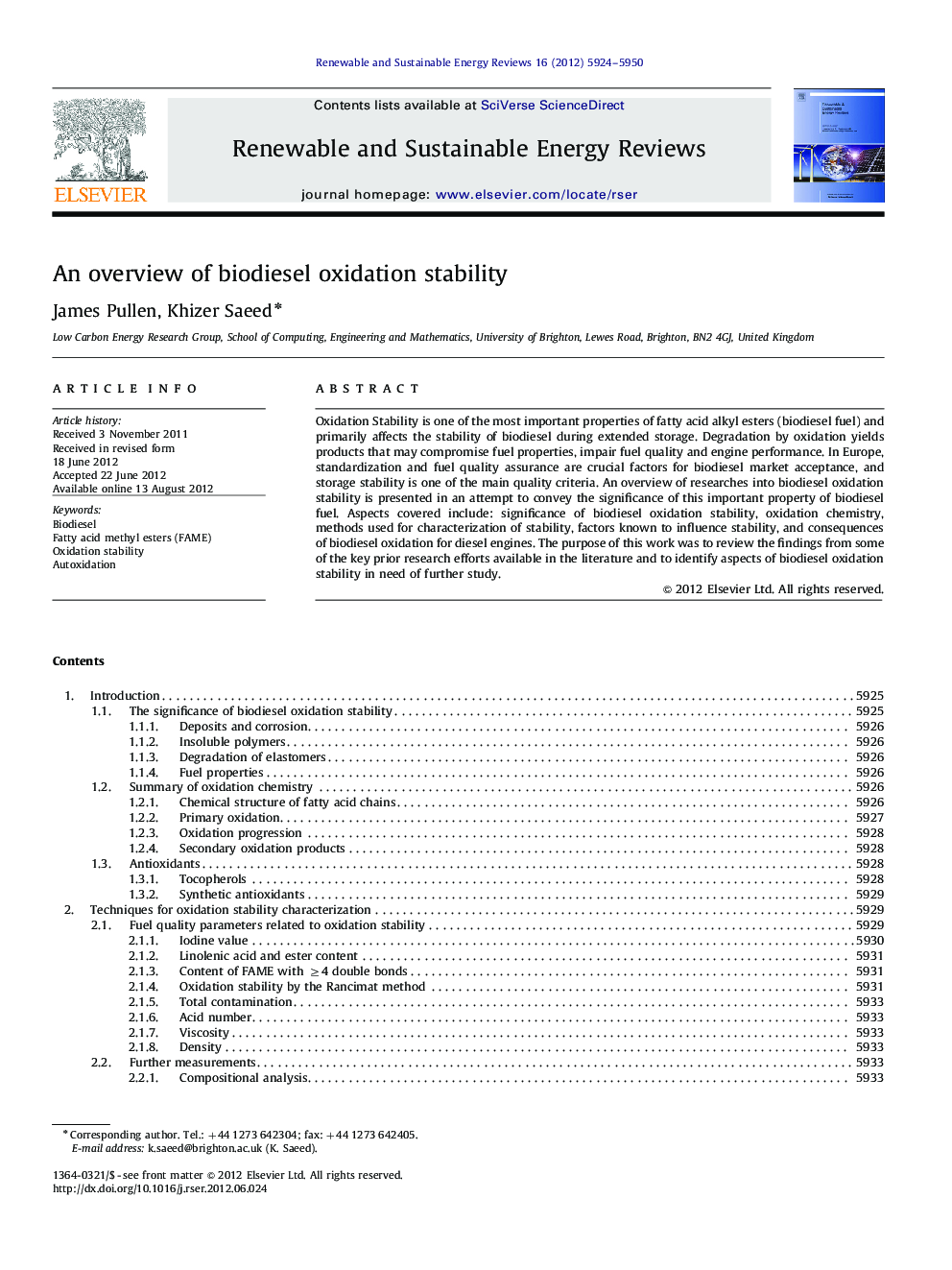 An overview of biodiesel oxidation stability