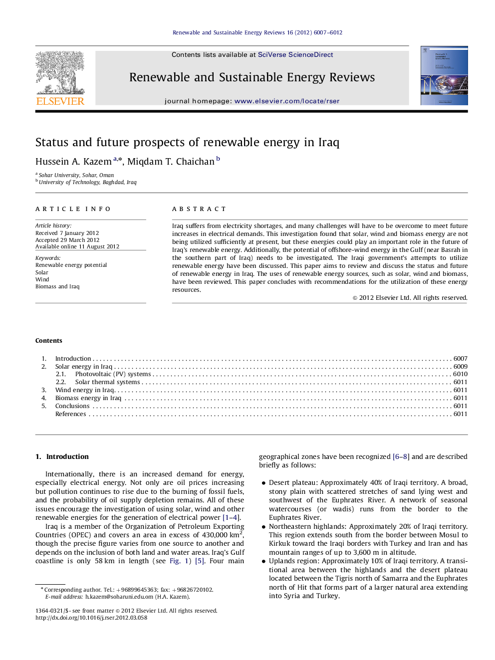 Status and future prospects of renewable energy in Iraq