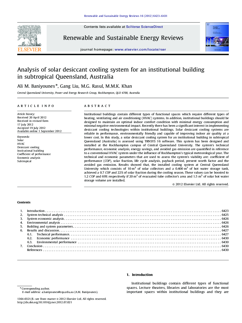 Analysis of solar desiccant cooling system for an institutional building in subtropical Queensland, Australia