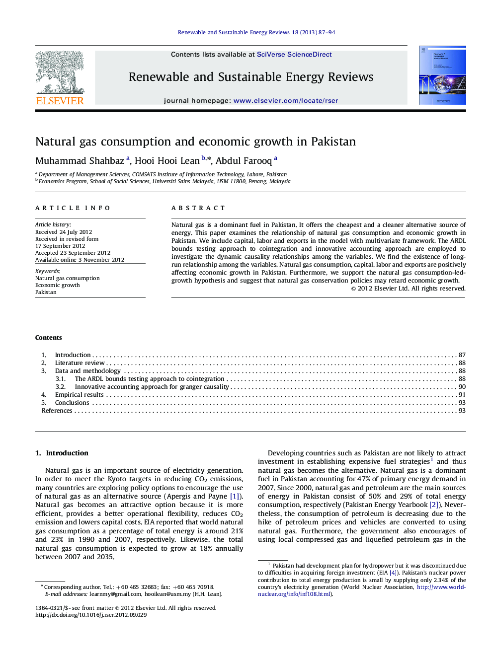 Natural gas consumption and economic growth in Pakistan