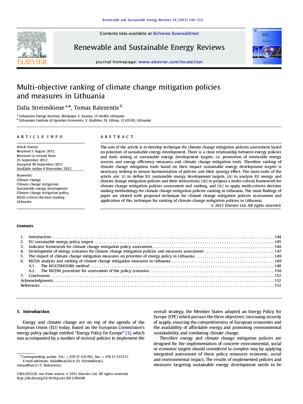 Multi-objective ranking of climate change mitigation policies and measures in Lithuania