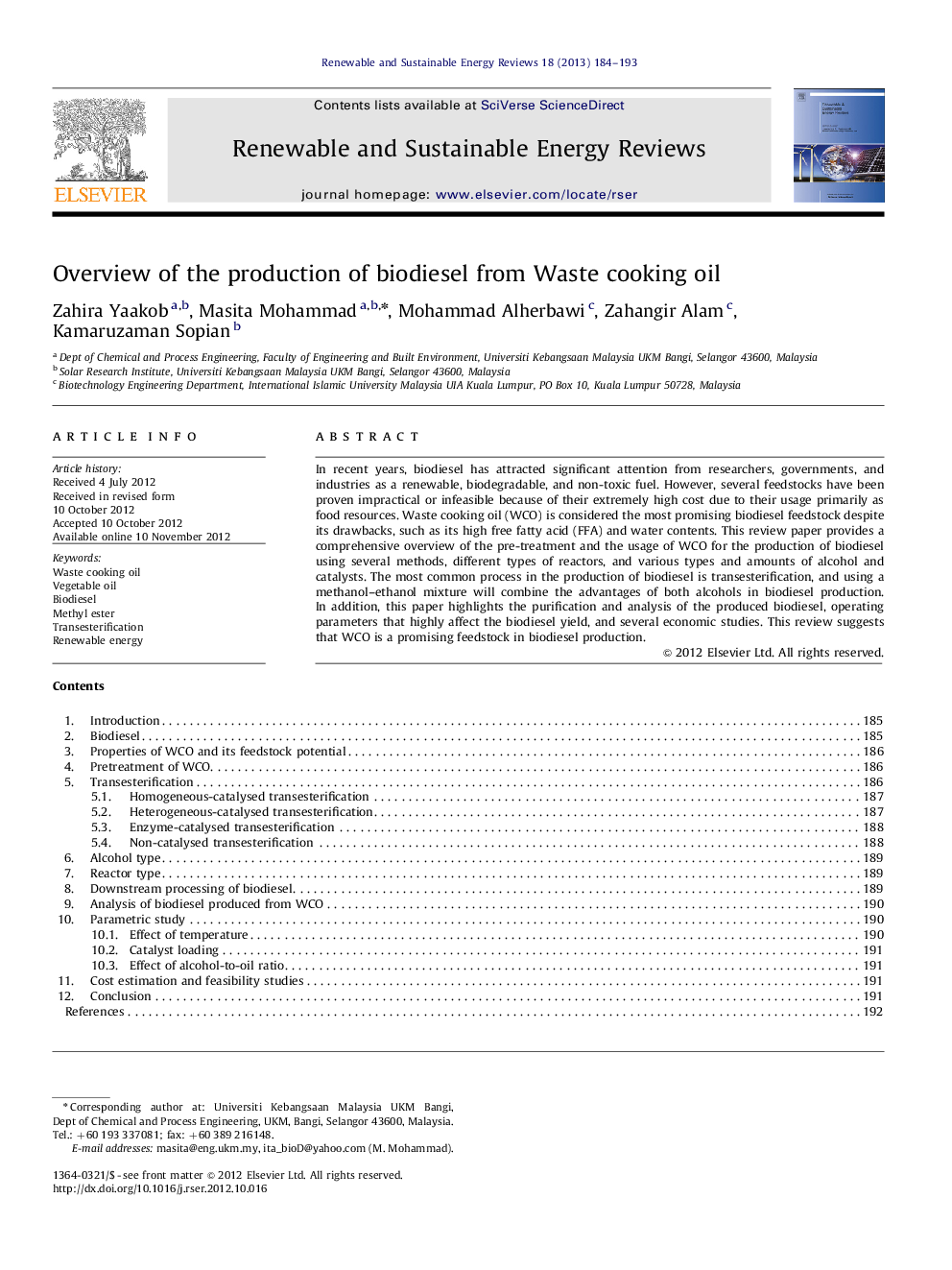 Overview of the production of biodiesel from Waste cooking oil