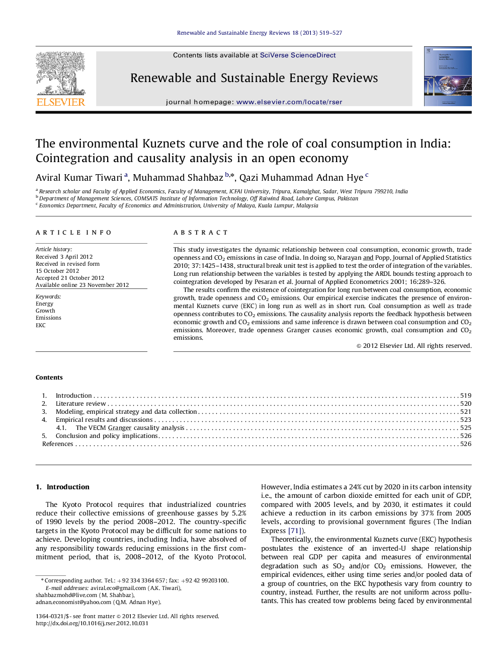 عکس صفحه اول مقاله: The environmental Kuznets curve and the role of coal consumption in India: Cointegration and causality analysis in an open economy The environmental Kuznets curve and the role of coal consumption in India: Cointegration and causality analysis in an open economy