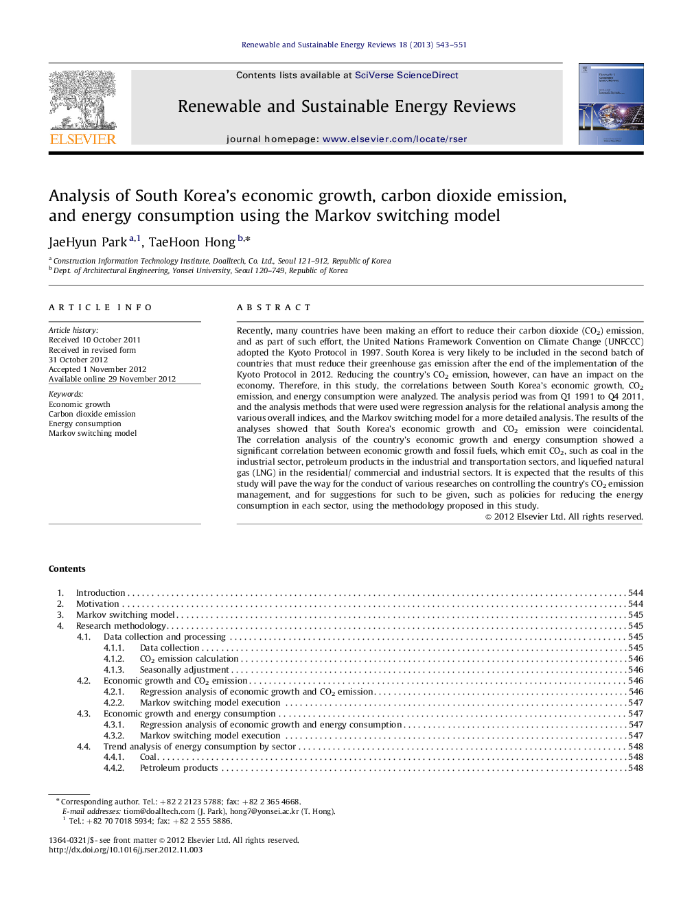 Analysis of South Korea’s economic growth, carbon dioxide emission, and energy consumption using the Markov switching model