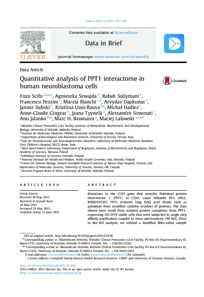 Quantitative analysis of PPT1 interactome in human neuroblastoma cells