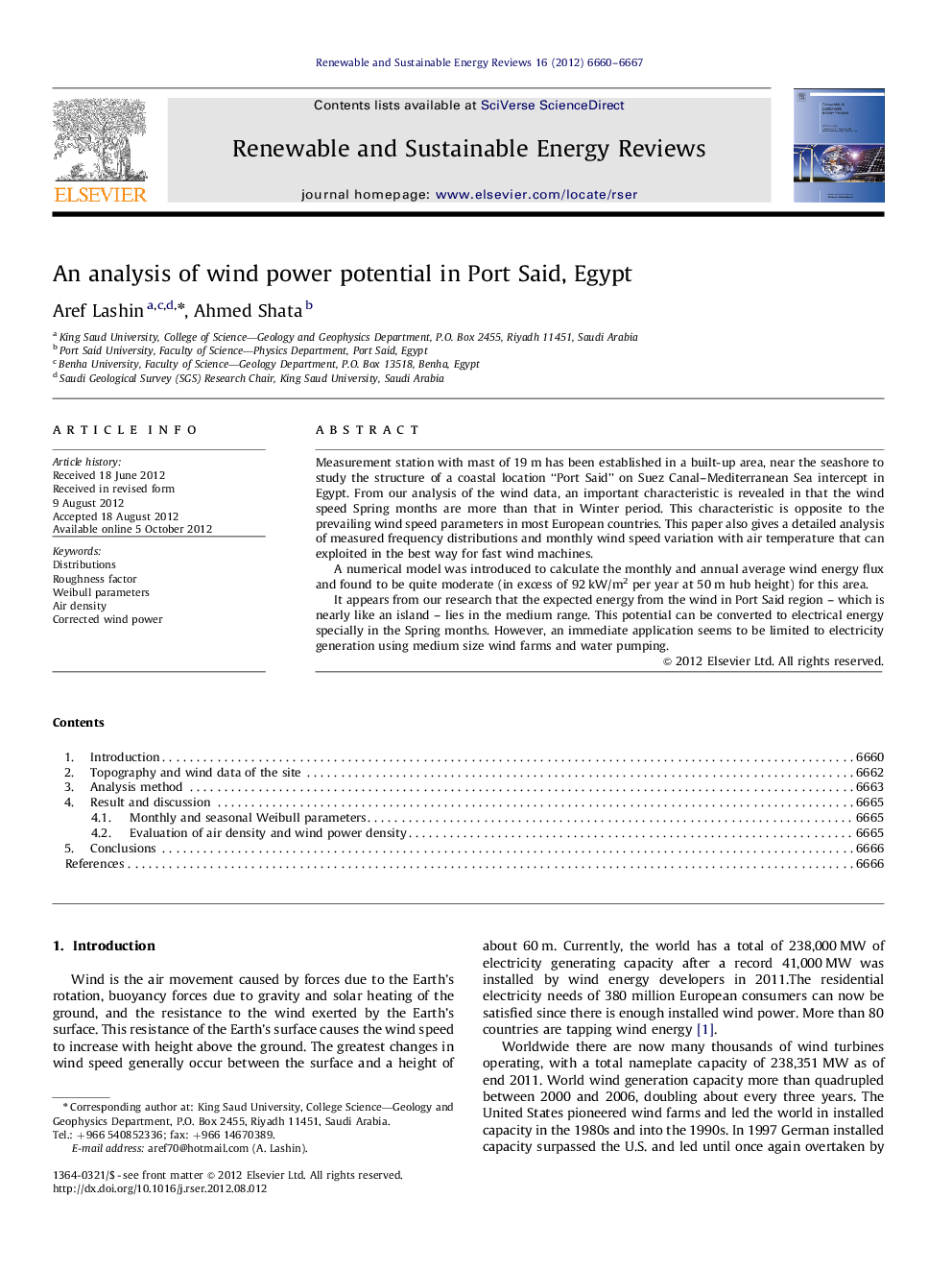 An analysis of wind power potential in Port Said, Egypt