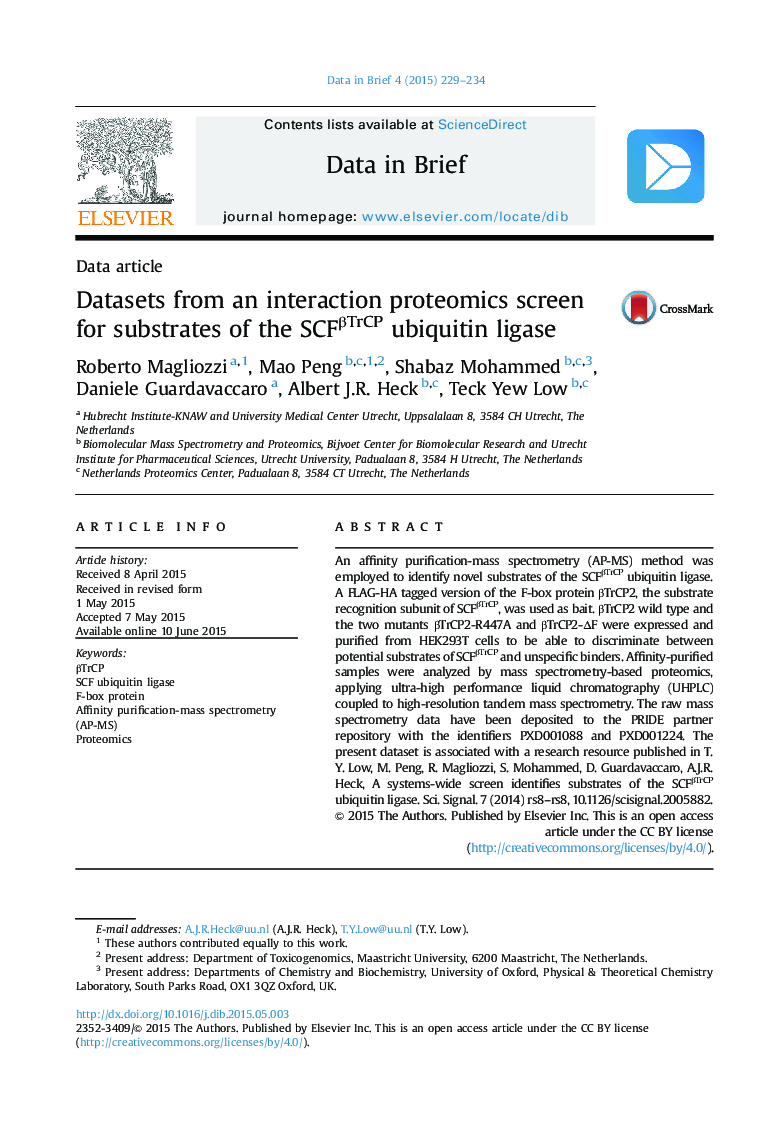 Datasets from an interaction proteomics screen for substrates of the SCFβTrCP ubiquitin ligase